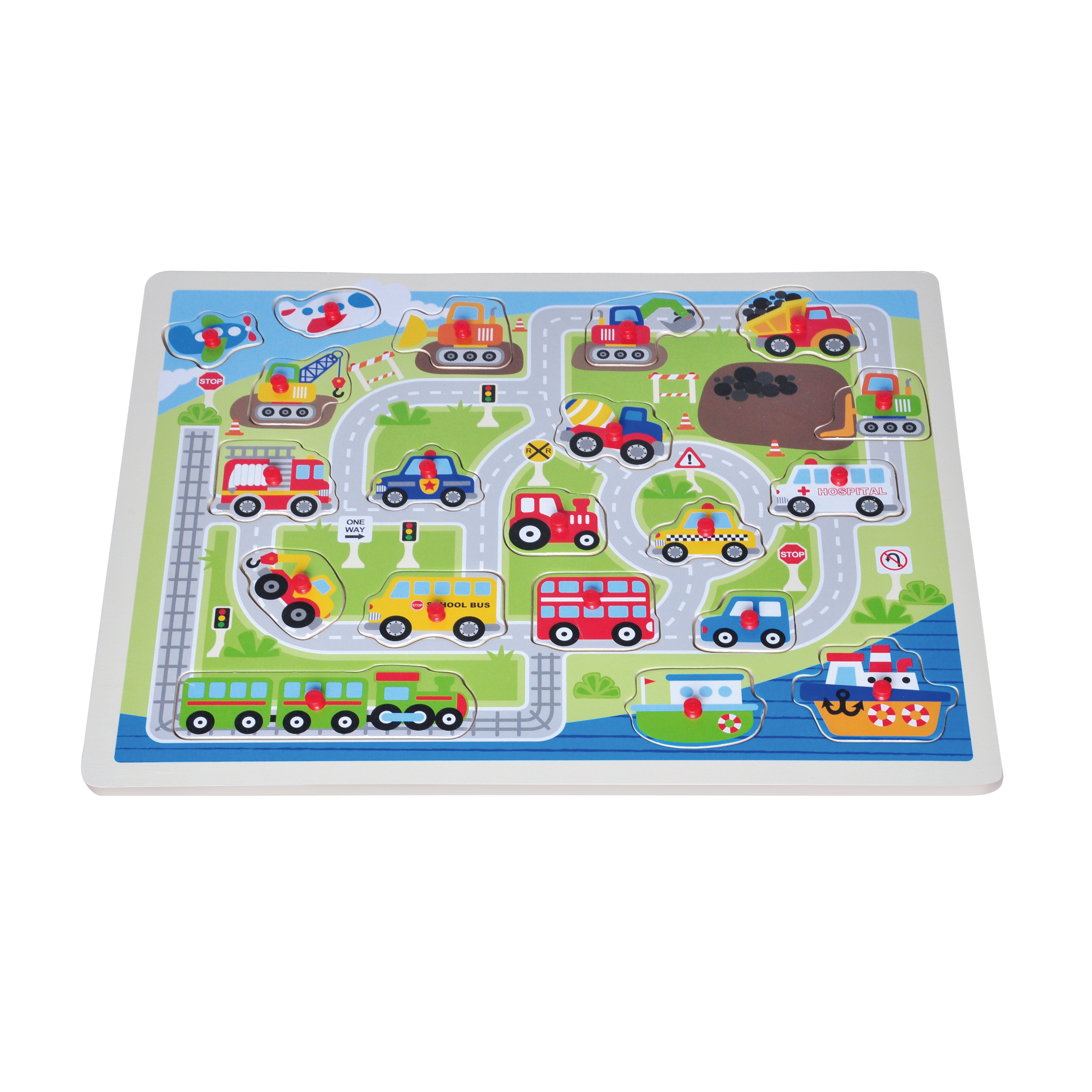Huge Plywood Educational Wooden Vehicle Car Peg Toddler Jigsaw Puzzle Kids Wooden Peg Puzzle