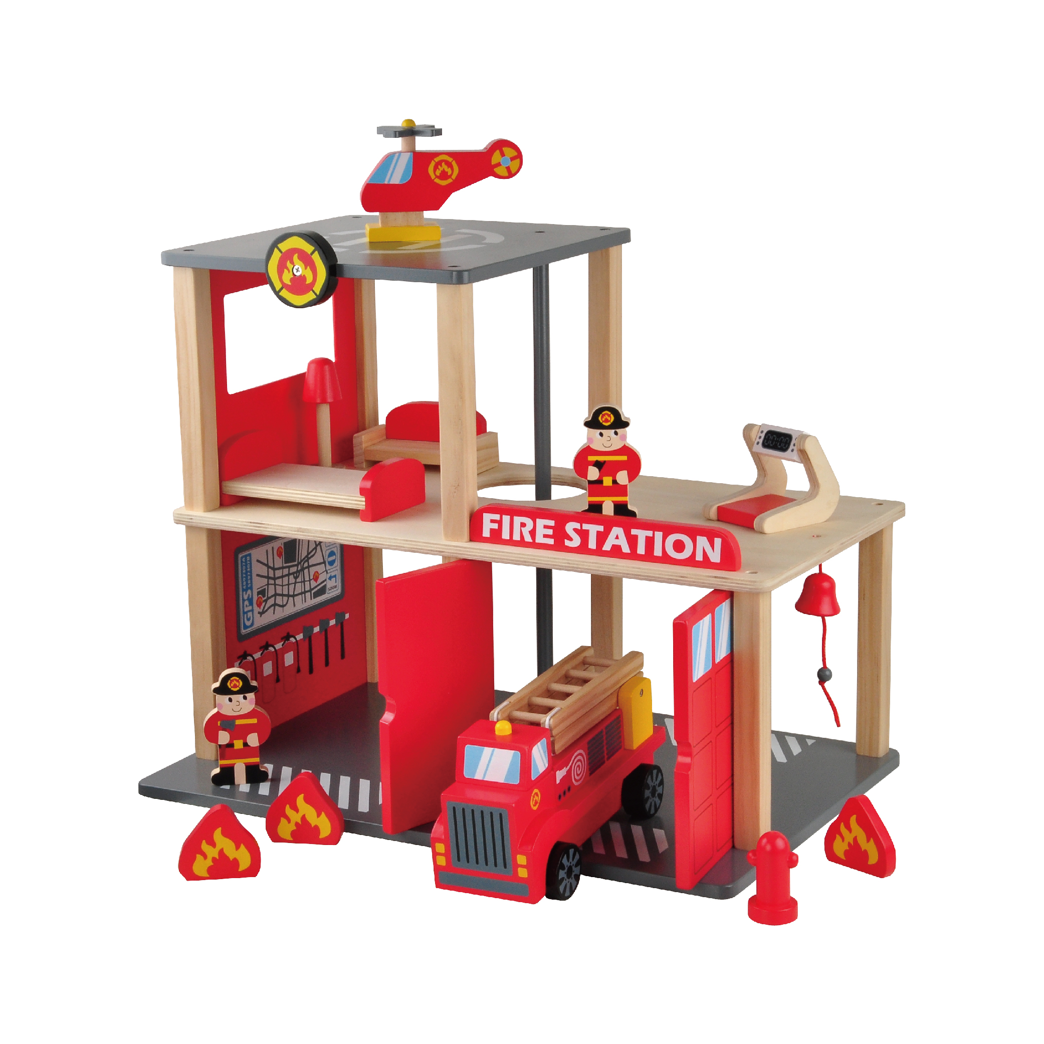 Best Selling Children Wooden Fire Station Building Toy City Fire Man Pretending Toy