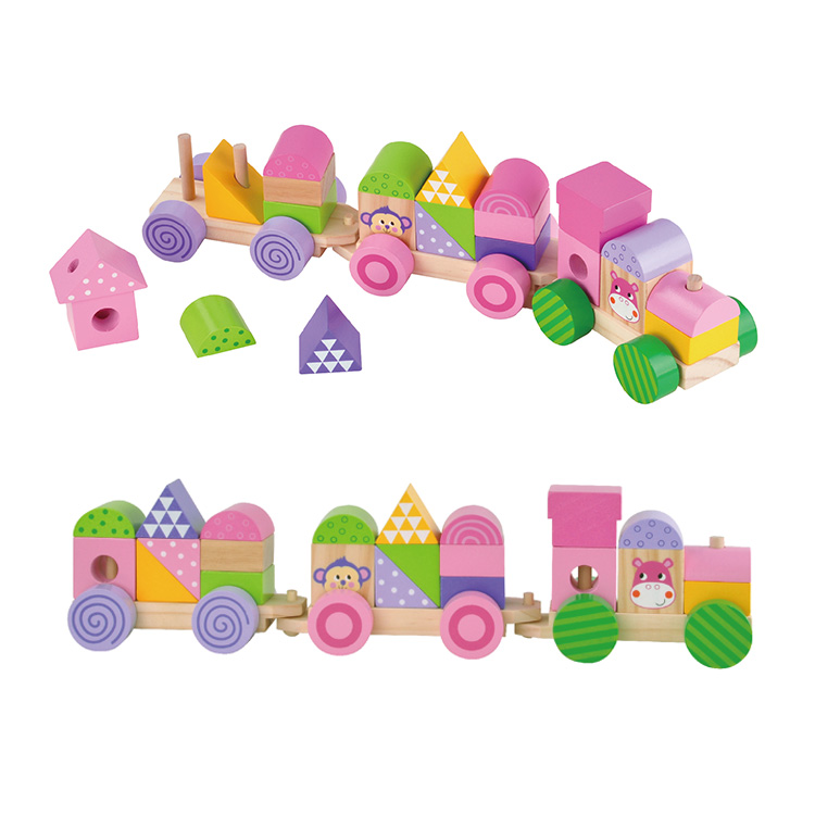 Three quarters toddler early educational walking wooden pull along animal block wooden pulling train