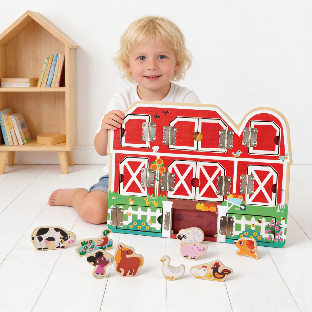 Wooden Early Education Farm Door Lock Toy, Children's Hide and Seek Farm, Suitable for Children's Educational Toys