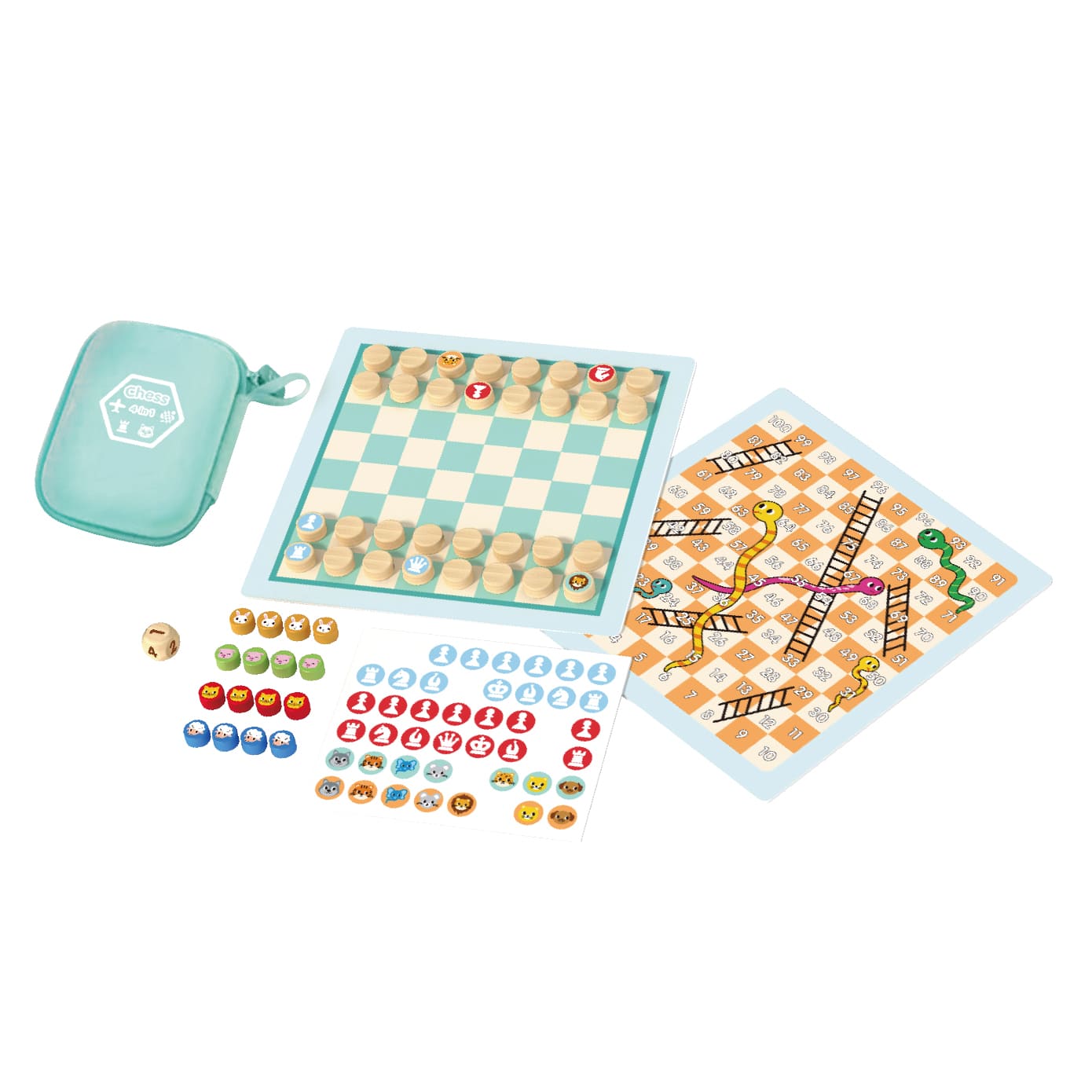 Wooden 4-in-1 multifunctional board games, flying chess, snakes and ladders, chess and animals wooden board games for kids