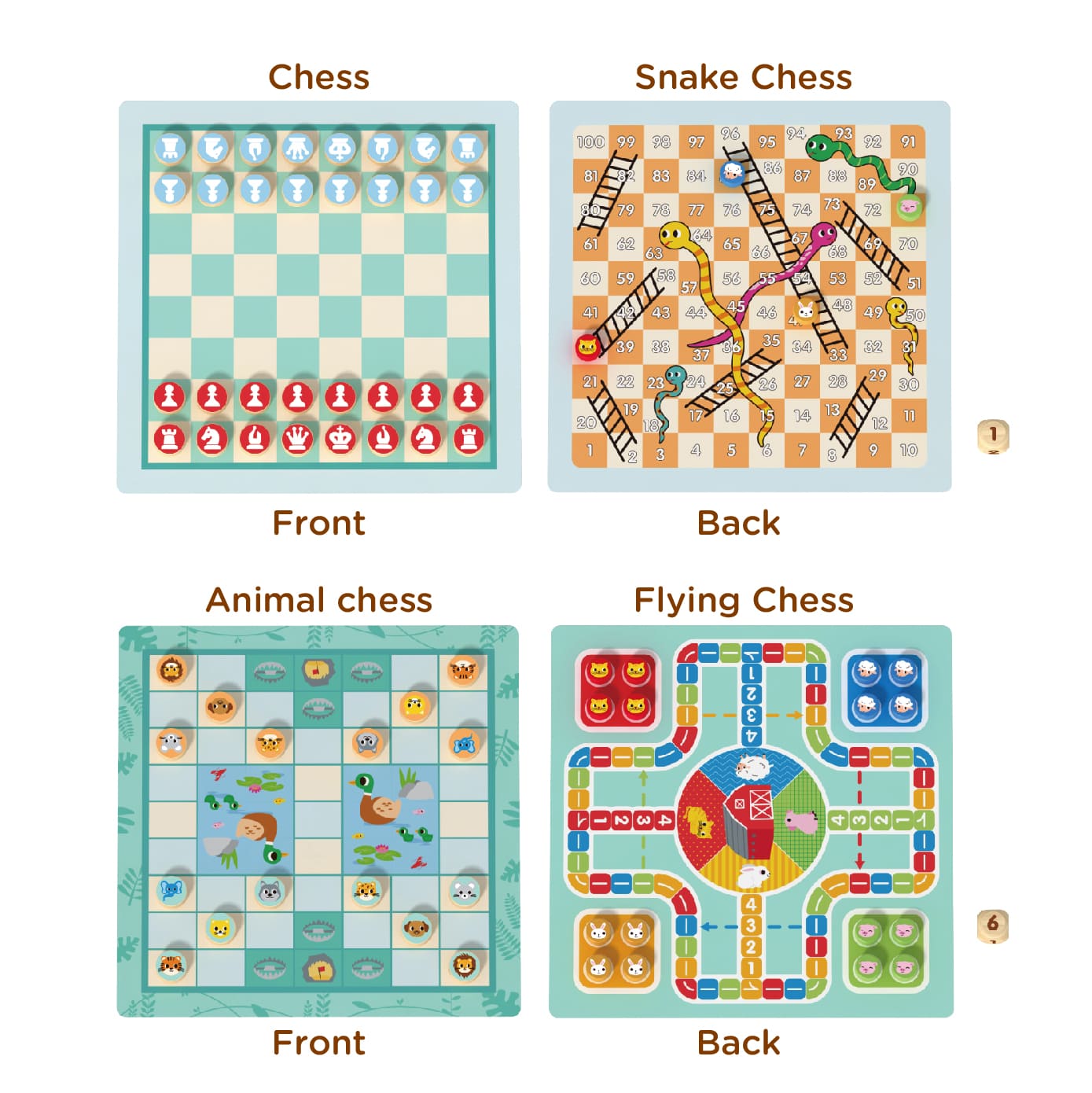 Wooden 4-in-1 multifunctional board games, flying chess, snakes and ladders, chess and animals wooden board games for kids - Image 8