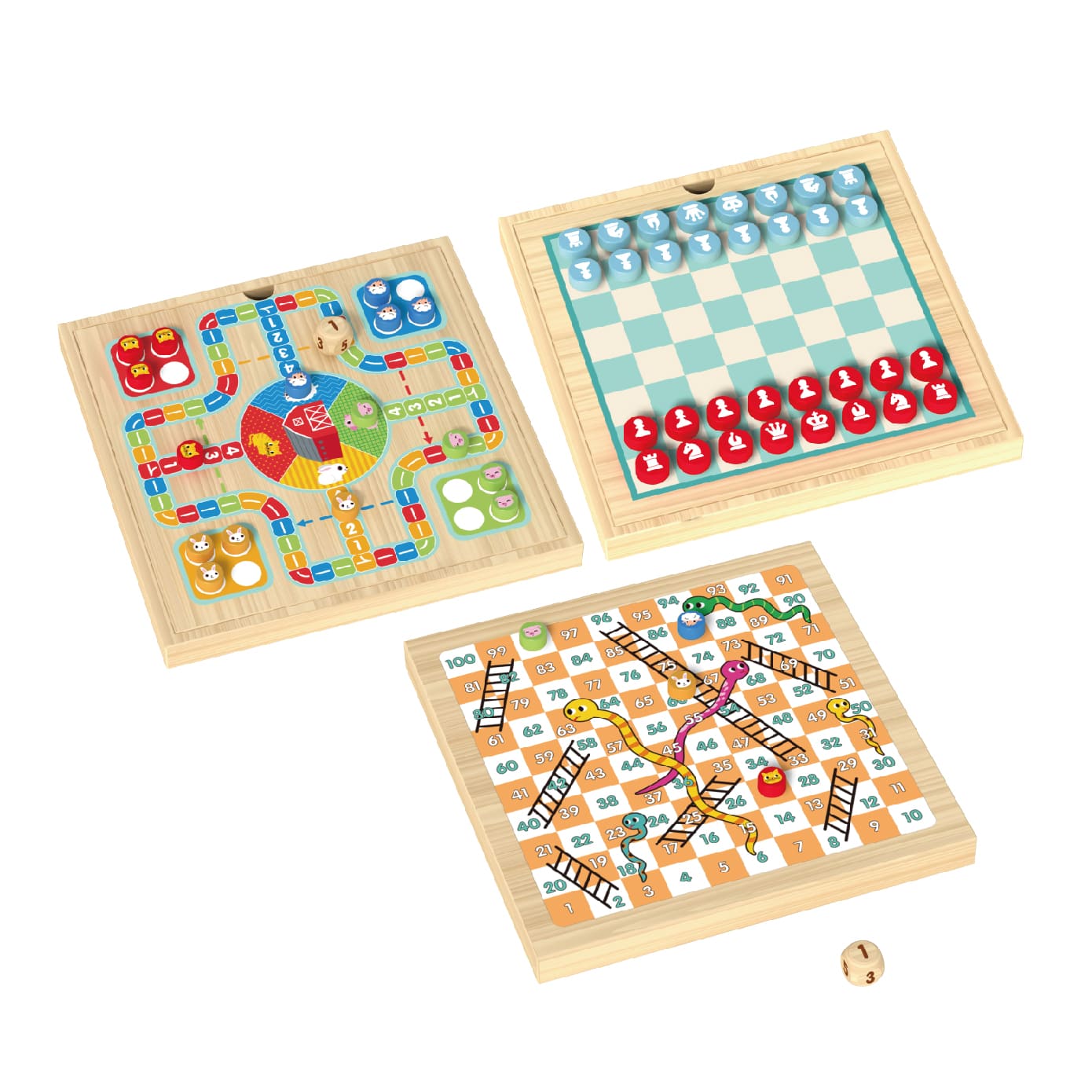 Wooden 3-in-1 Multi-Function Board Games, Flying Chess, Snakes and Ladders and Chess, Educational Toys for Kids