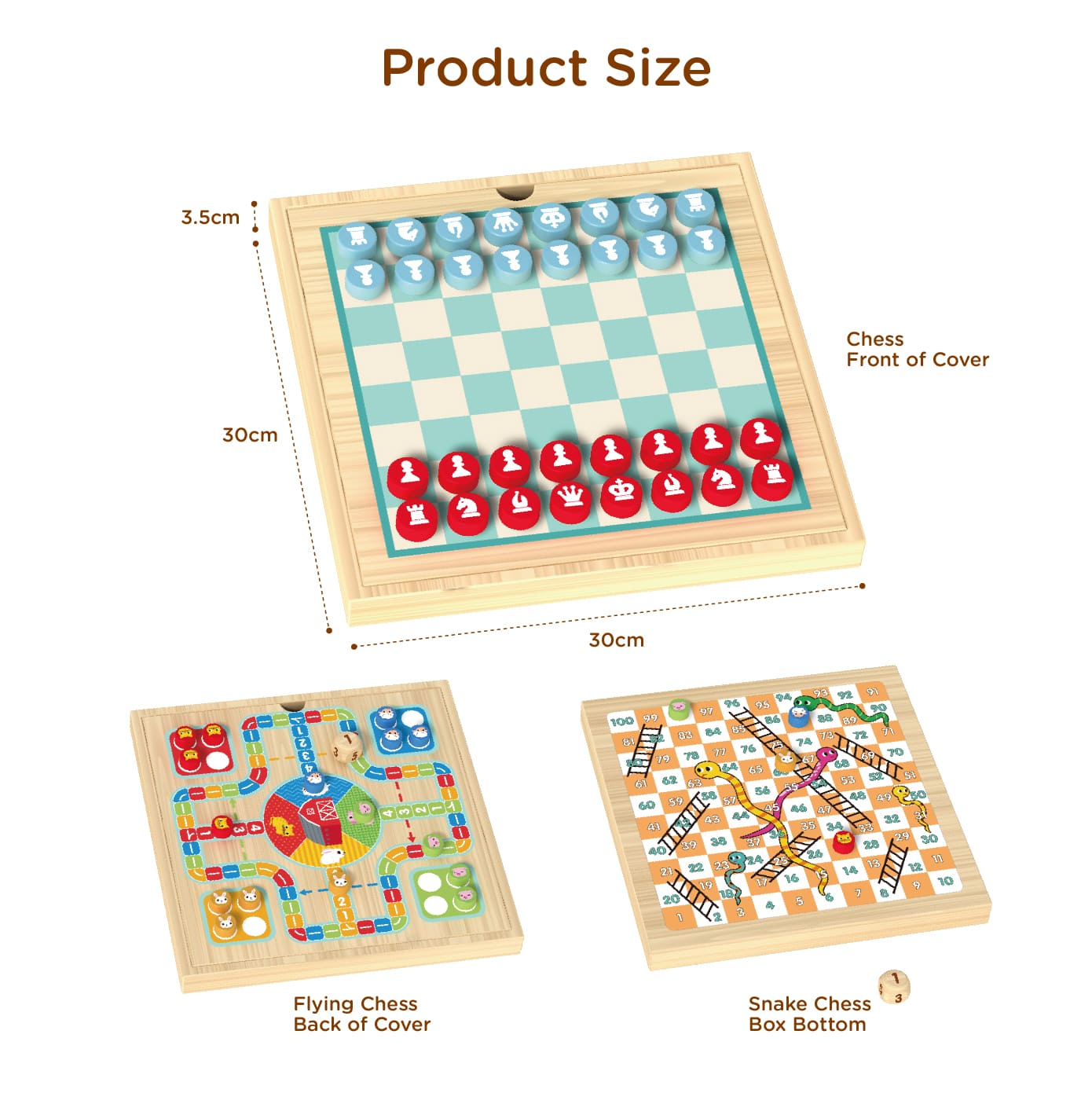 Wooden 3-in-1 Multi-Function Board Games, Flying Chess, Snakes and Ladders and Chess, Educational Toys for Kids - Image 7