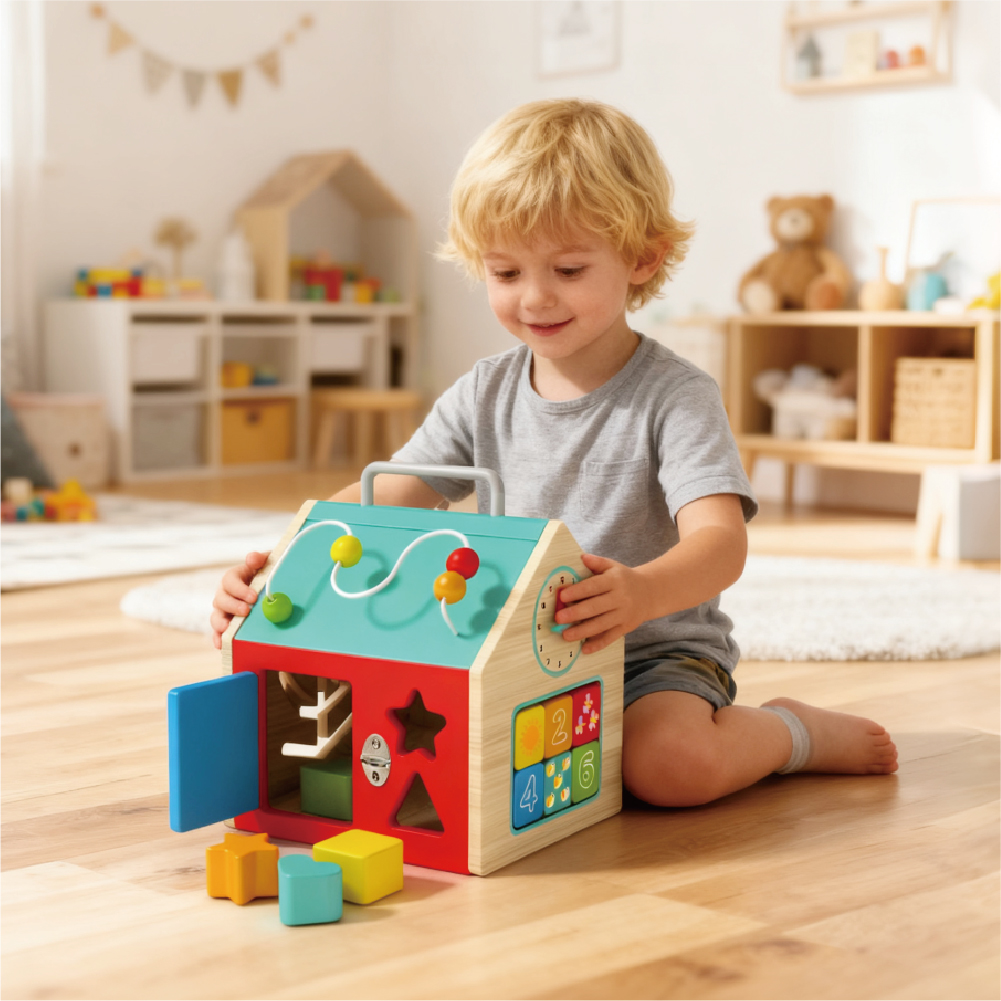 Multifunctional wooden unlocking toy creative activity cube sensory wooden shape gear busy board early education treasure box sensory toy