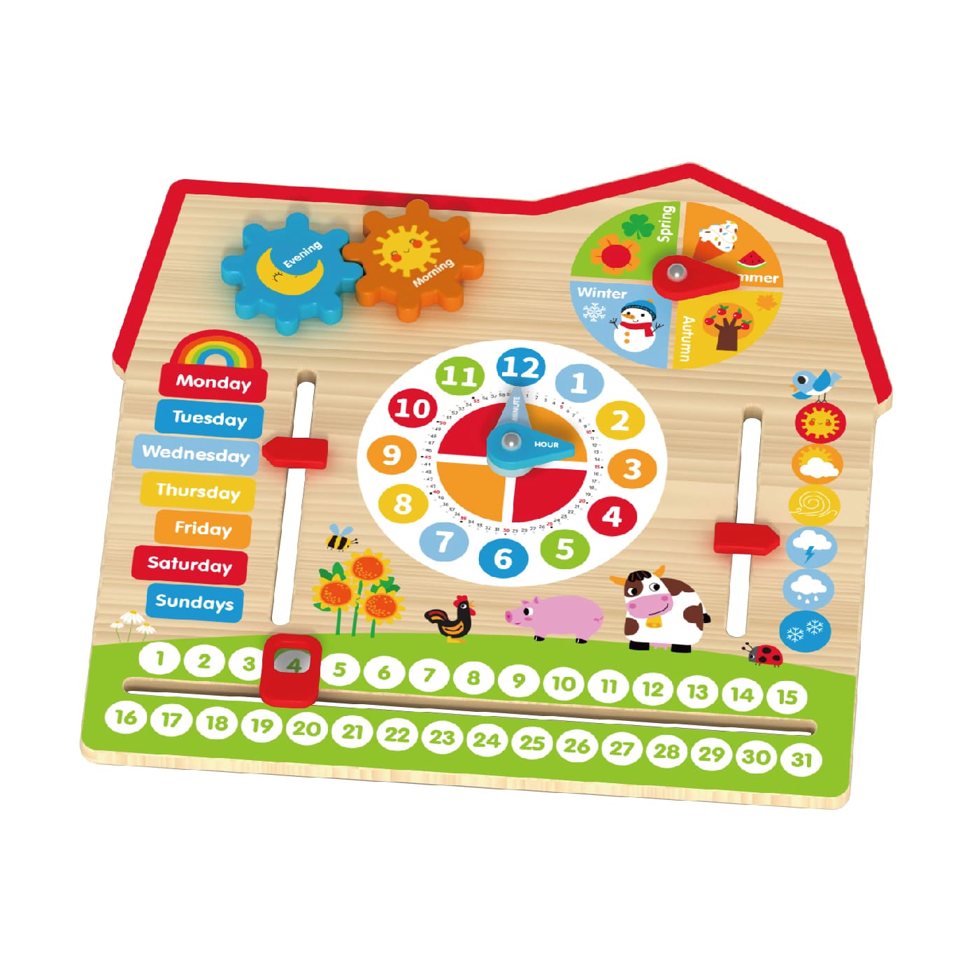 Montessori farm body calendar educational wooden learning toys, analog clock, calendar, weather, season, time, week, suitable for preschool children's learning toys - Image 2
