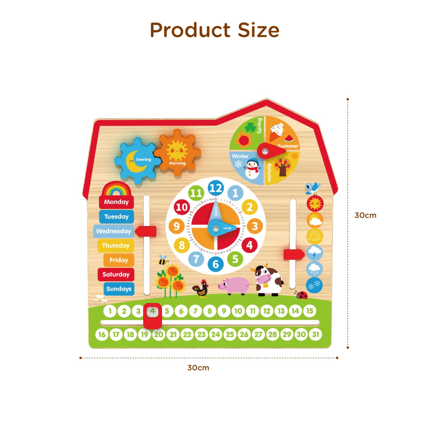Montessori farm body calendar educational wooden learning toys, analog clock, calendar, weather, season, time, week, suitable for preschool children's learning toys - Image 3