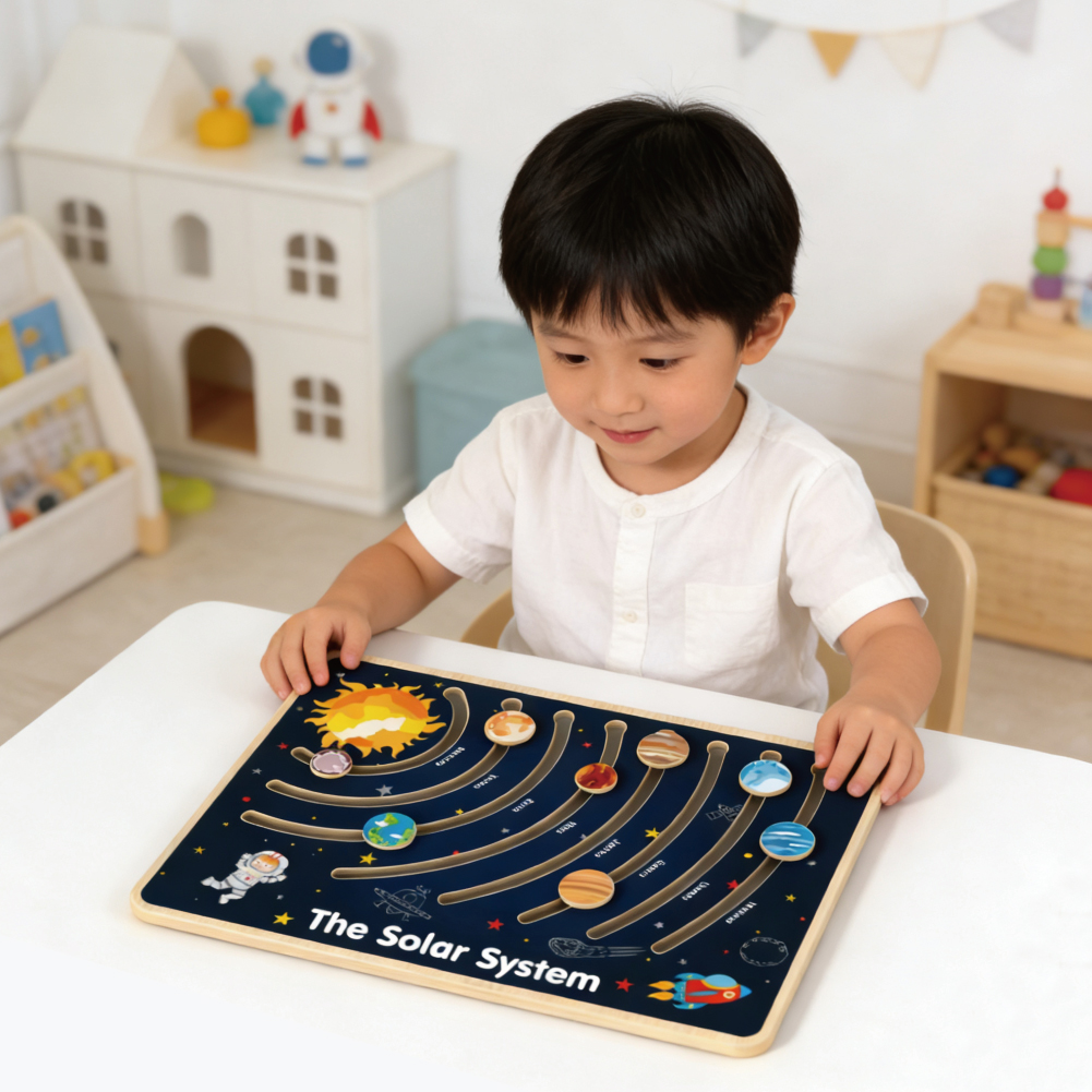 Montessori Wooden Solar System Nine Planets Cognitive Walking Puzzle Toy Scientific Exploration Toy