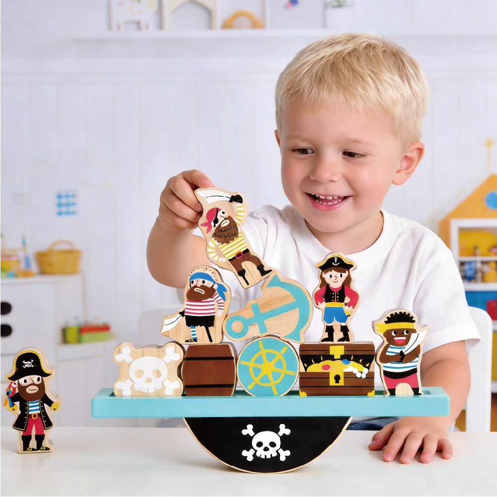 Wooden pirate ship balance building block toys Children's preschool educational animal game toys