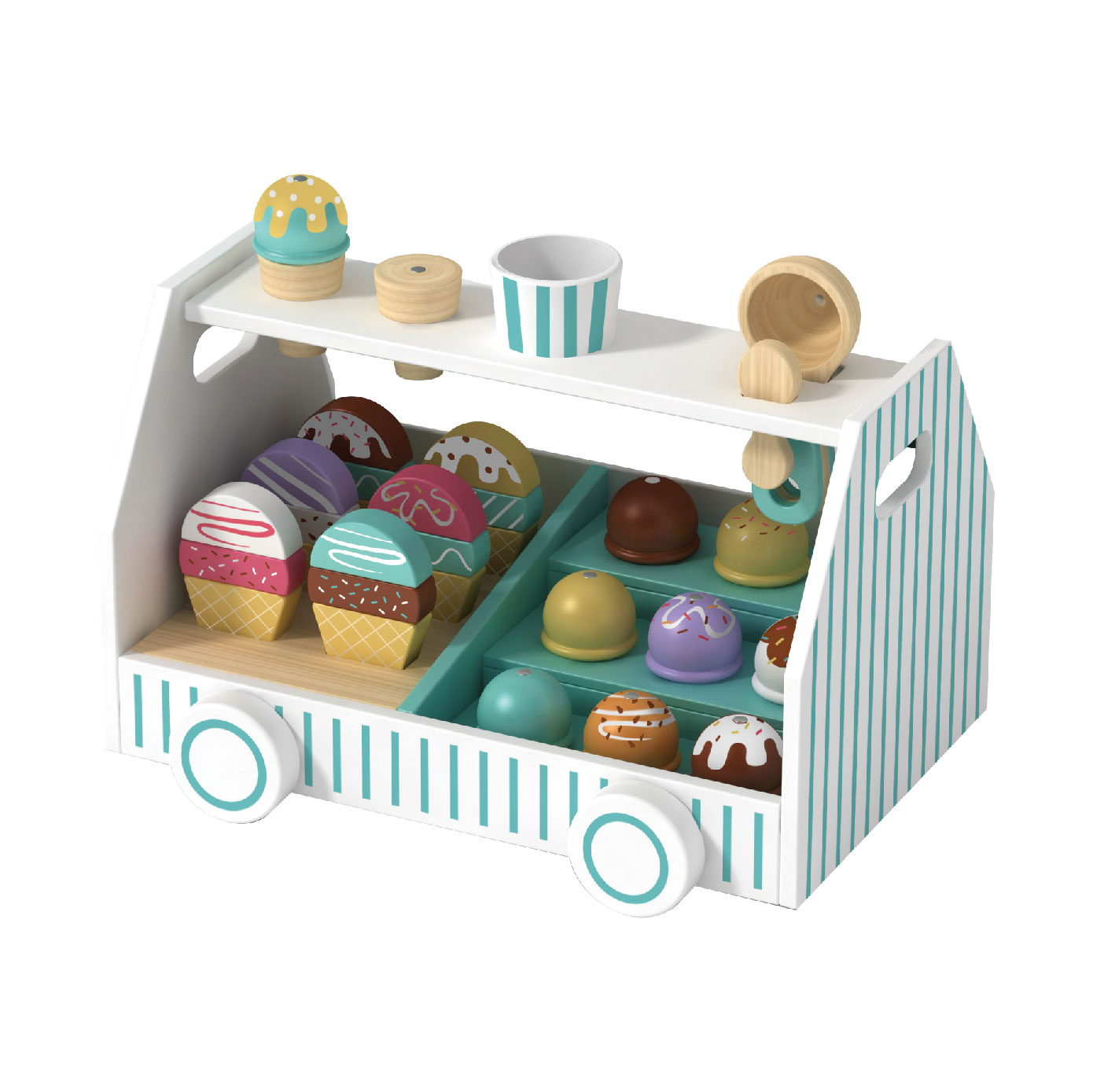 Wooden spoon and mini wooden ice cream cart toy role play game - Image 2