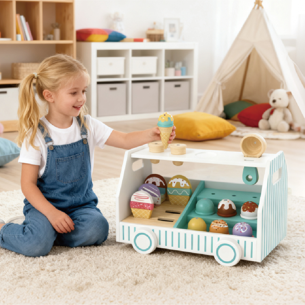 Wooden spoon and mini wooden ice cream cart toy role play game