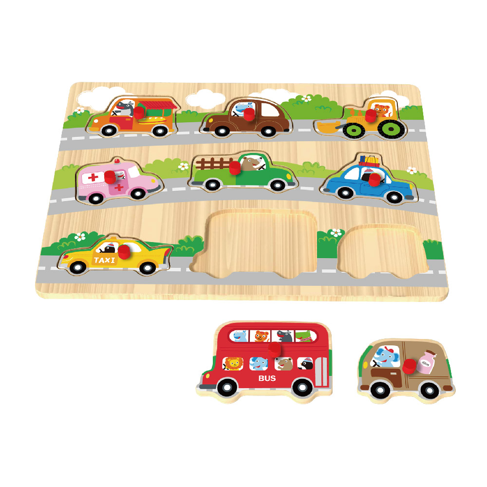 Montessori Children's Toys Cartoon Car Wooden Grab Board DIY Education Wooden Peg Puzzle