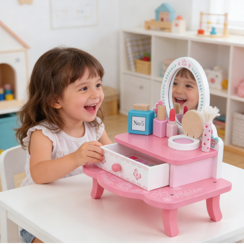 Wooden pink dressing table set role play learning girl cosmetics toys