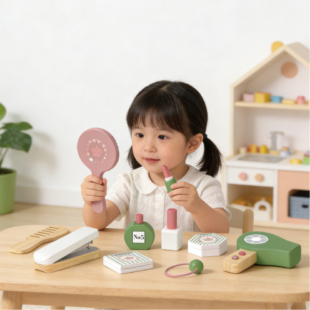Wooden Cosmetic Set Children Role Playing Toys Fashion Hairdressing Makeup Toys Girls