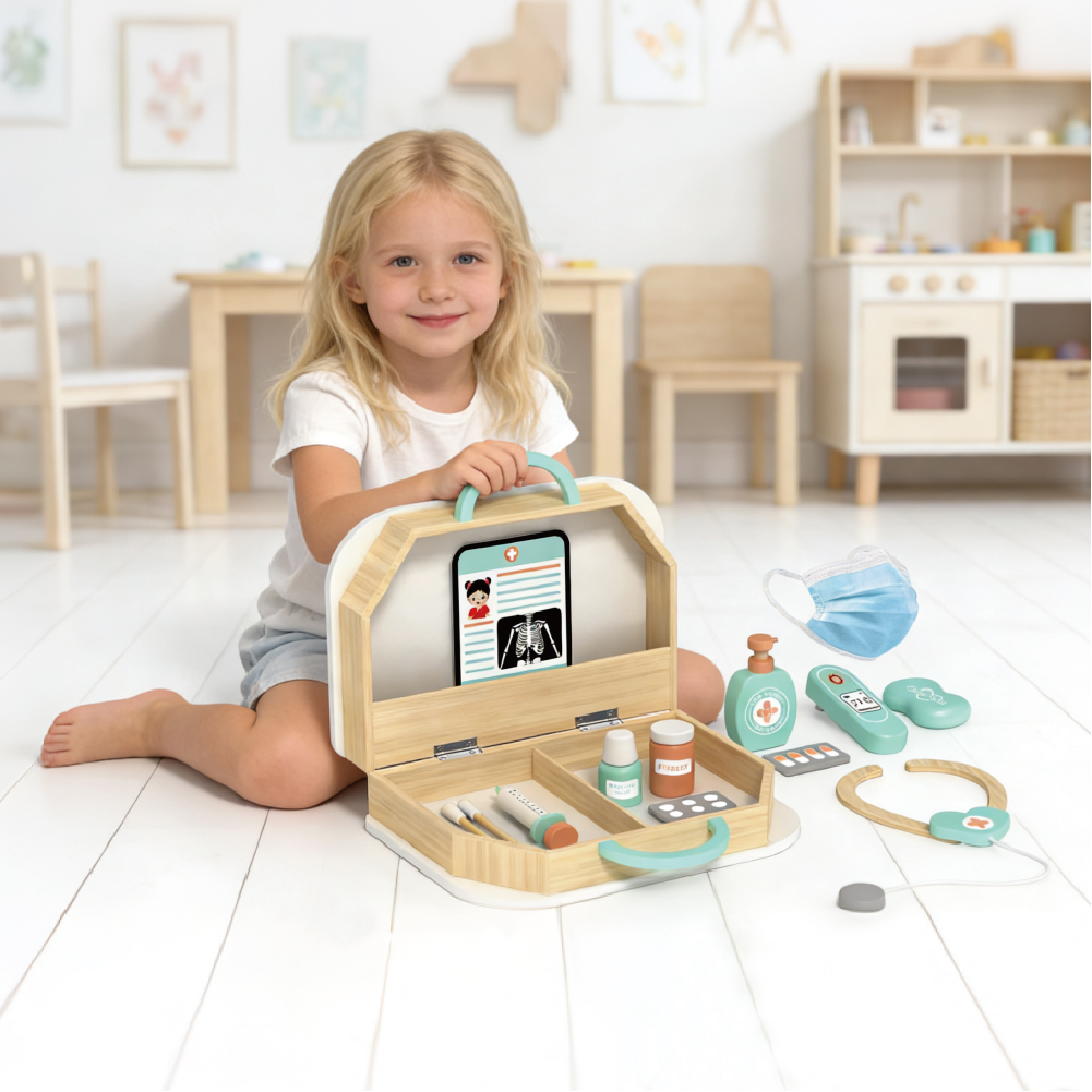 Wooden doctor toy set role play children's educational wooden medical box toys