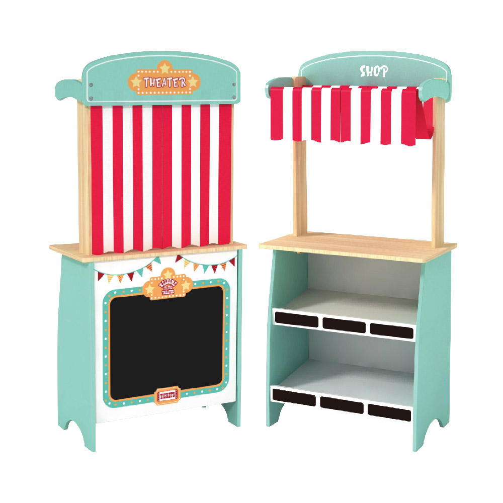Wooden Puppet Theater Toys Children's 2-in-1 Theater and Grocery Educational Role Play Toys, Children's Wooden Theater with Curtains