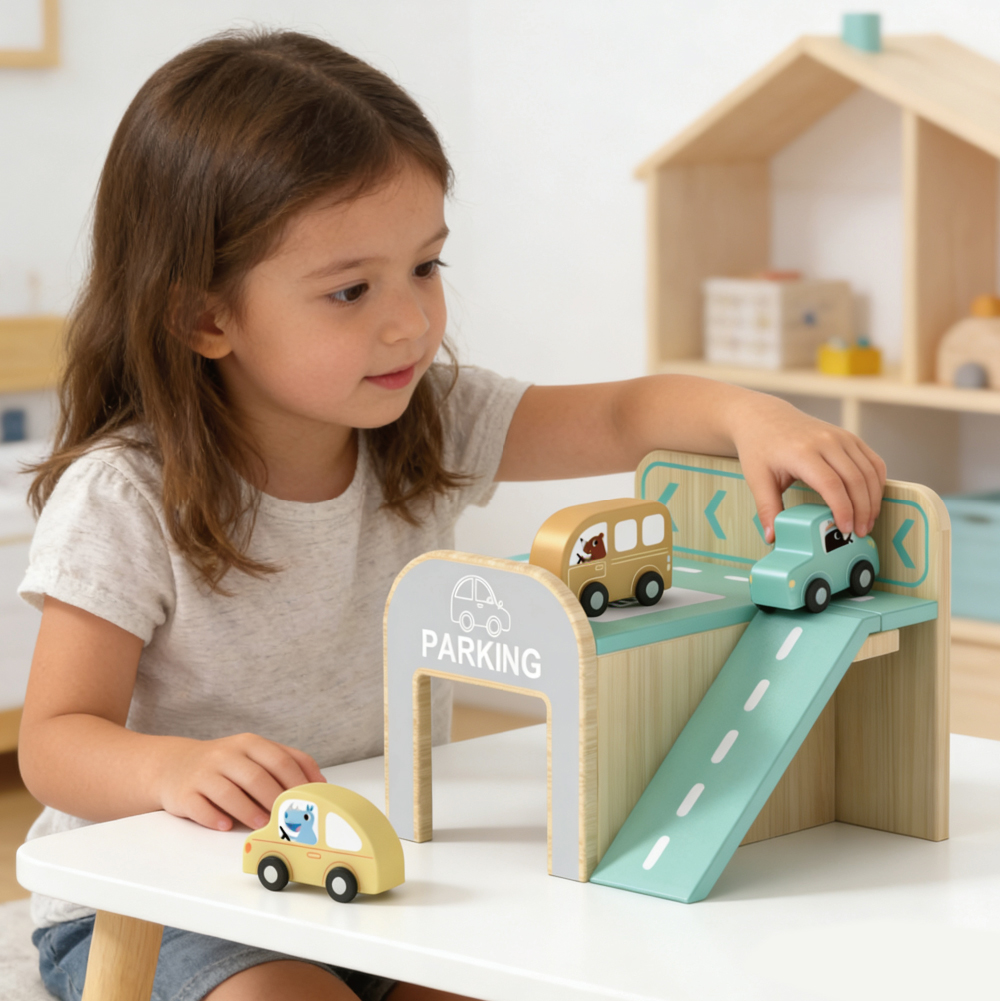 Wooden parking toy set with 3 mini wooden cars, double-story parking, role-play toys for boys and girls