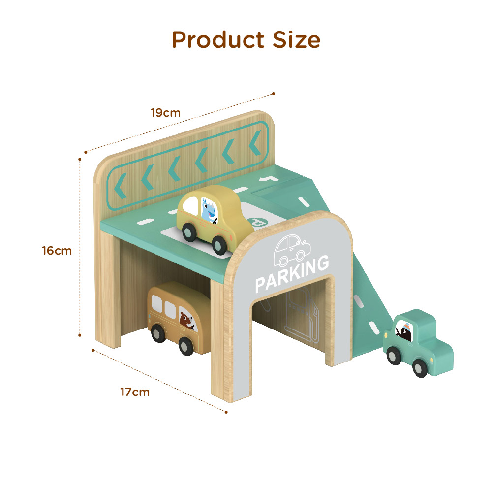 Wooden parking toy set with 3 mini wooden cars, double-story parking, role-play toys for boys and girls - Image 4