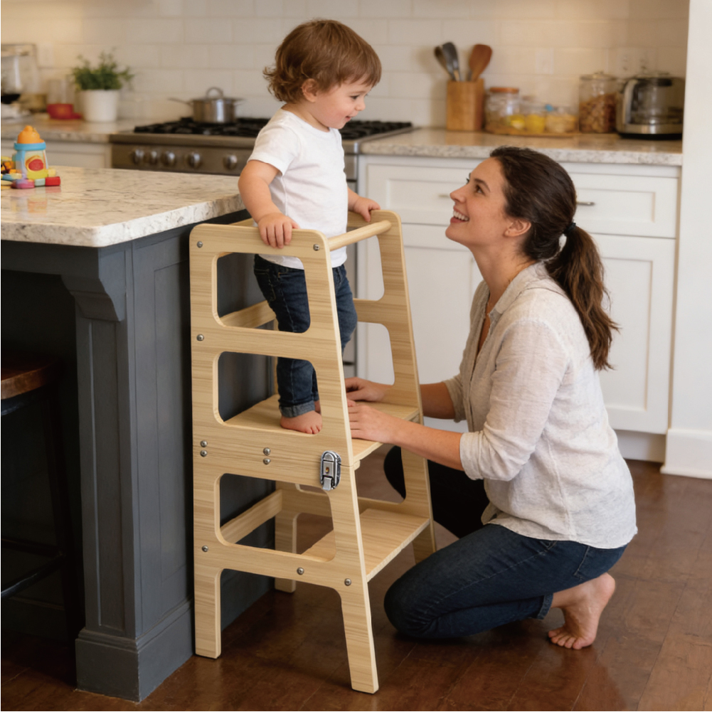 Children's two-in-one table and chair wooden tower step stool, foldable Montessori learning tower step stool for toddlers