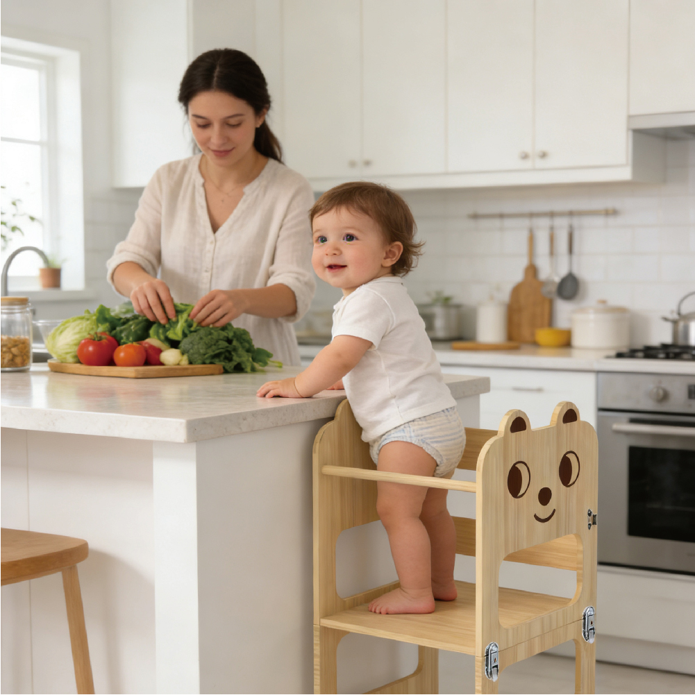 Children's 2-in-1 table and chair wooden tower step stool, foldable Montessori learning tower step stool for toddlers - Image 2
