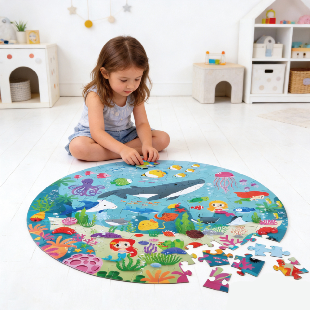105 Pieces Children's Wooden Round Puzzle, Creative Underwater World Puzzle, Suitable for Boys and Girls, Educational Toys