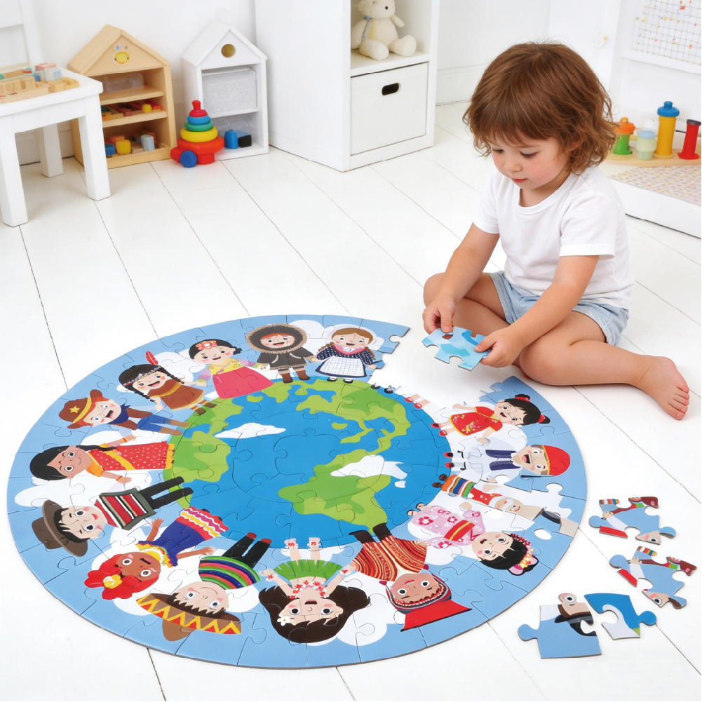 105-piece Children's Wooden Round Jigsaw Puzzle, Creative Global Village Jigsaw Puzzle for Boys and Girls, Educational Toy
