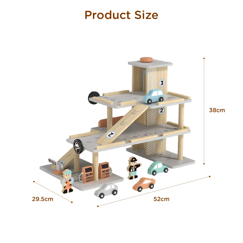Wooden parking toy set, three-story parking lot with gas pumps, charging piles, ramps and elevators Preschool toys and role play - Image 3