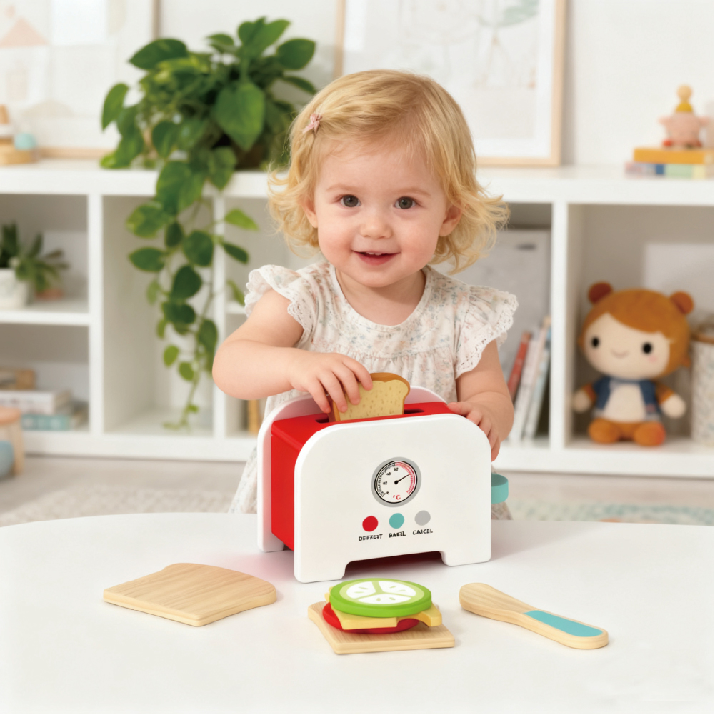 Wooden Toaster Kitchen Set Pop-Up Toaster Role Play Toy for Kids