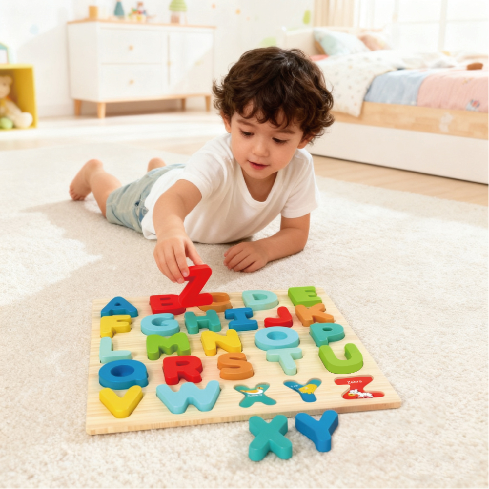 Wooden Alphabet Puzzle 3D Wooden Uppercase Letter Puzzle Montessori Toddler Educational Toys