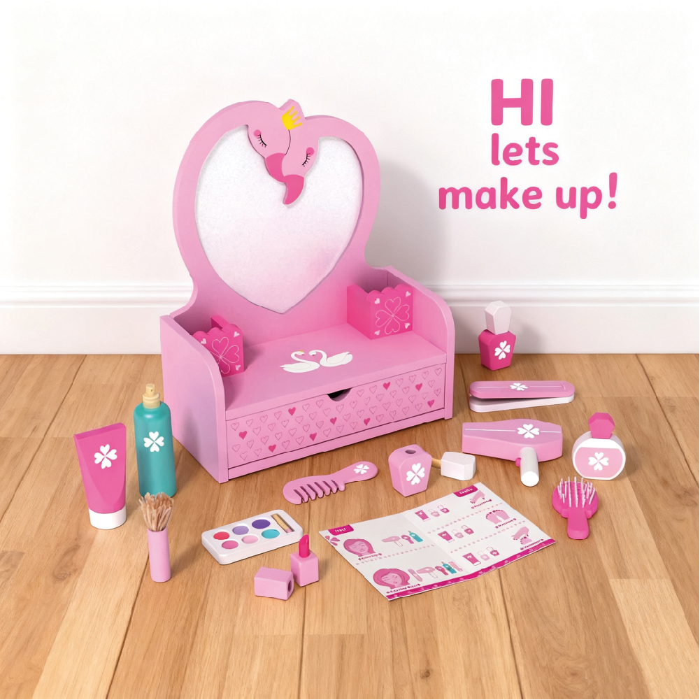 Wooden Makeup Desk Toy Set for Early Childhood Education Love Shaped Makeup Desk Girl Role Playing Pretend Toy Set - Image 2