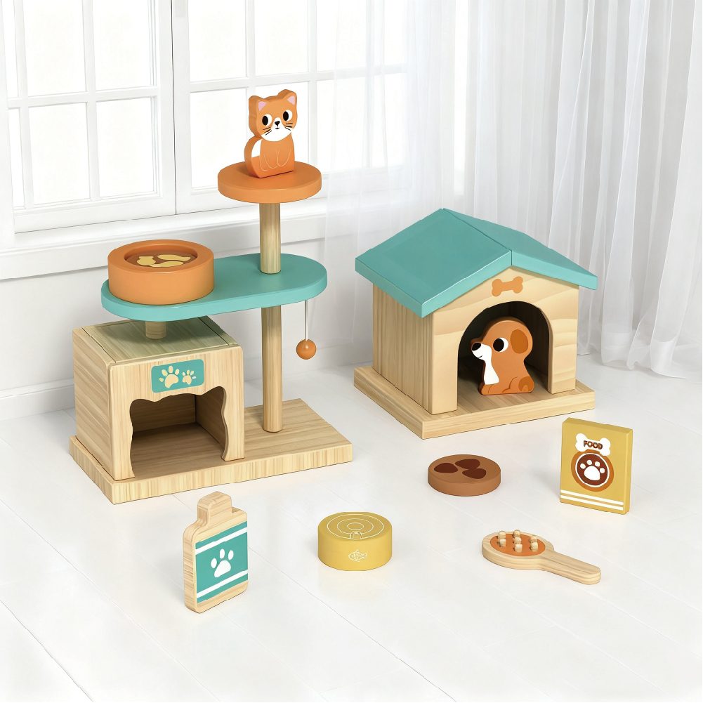 New Wooden Toy House Dog and cat Pet Set, Children's Pretend Pet Feeding Game Set - Image 2