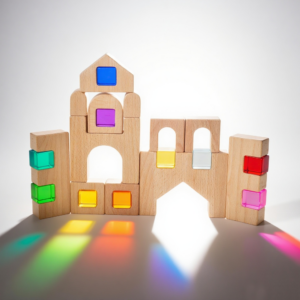 22Pcs Children's Montessori Wooden Cabin Toy  Acrylic Gemstone Cube Stacking Block  Color Cognition Learning Toy