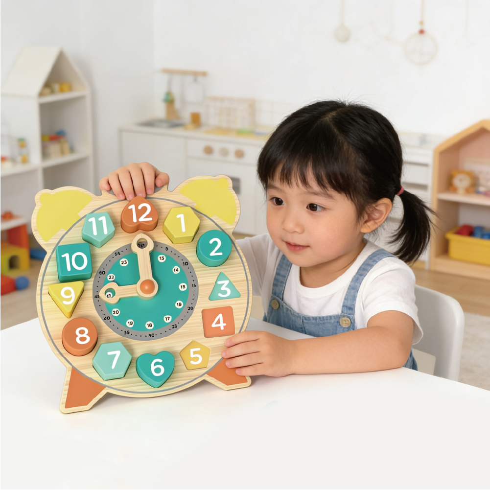 Wooden clock toys for children to learn time, numbers, shapes, colors, matching toys