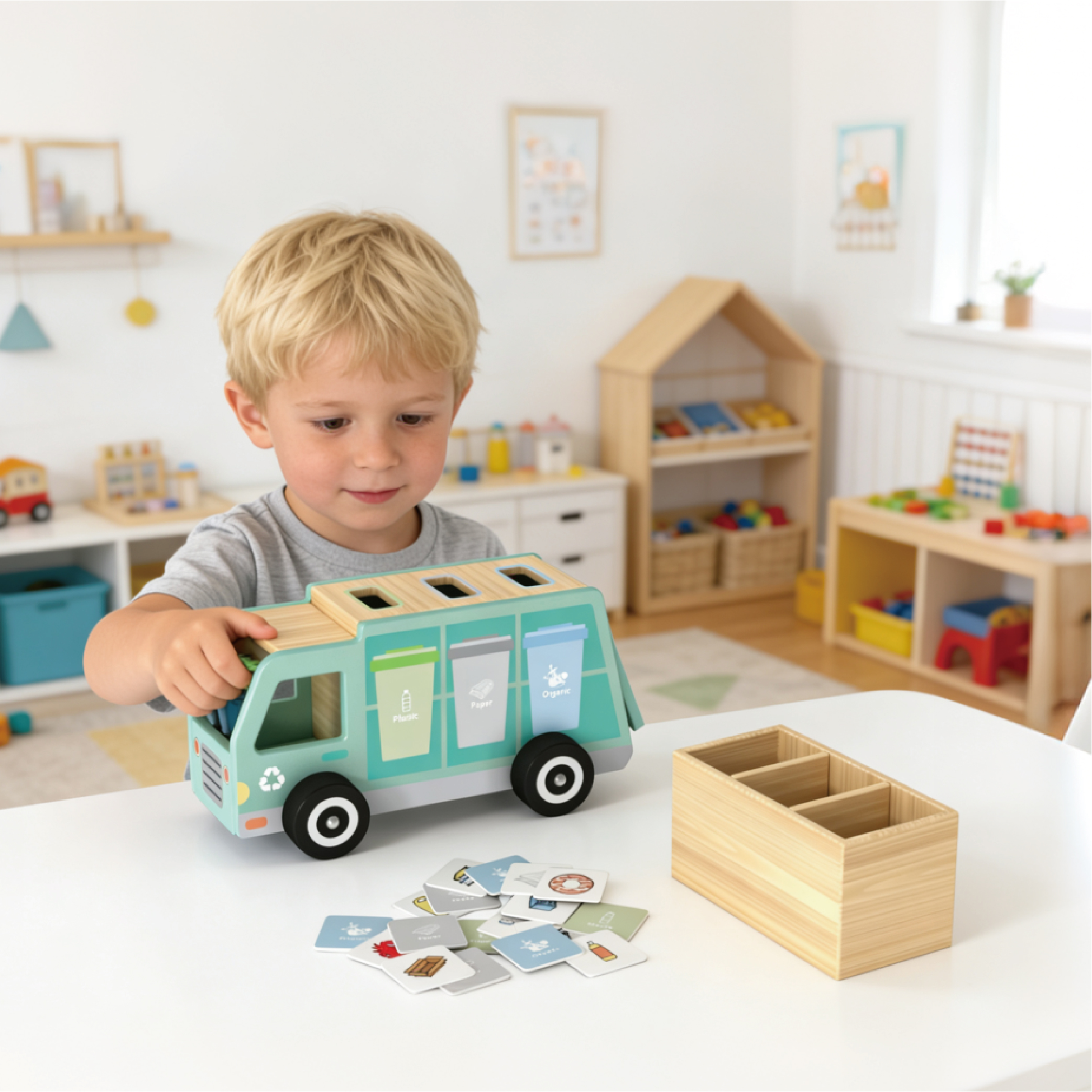 Wooden Garbage Truck Children's Puzzle Learning Garbage Classification Truck, Wooden Education Environmental protection Toys