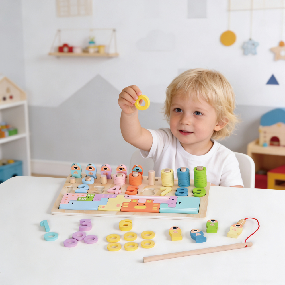 Wooden Montessori Multifunctional Puzzle for Irregular Children's Shapes Matching and Fishing Toys